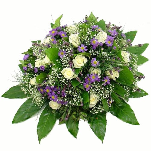Funeral arrangement of blue and white flowers