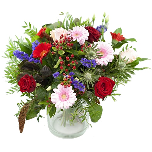 Autumn bouquet of red pink and purple flowers