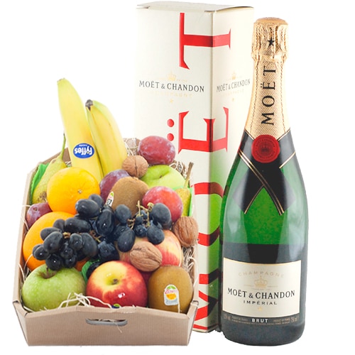Fruit box with luxury bottle of Moët & Chandon champagne