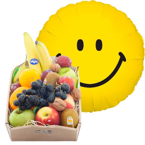 Fruit box with smiley helium balloon