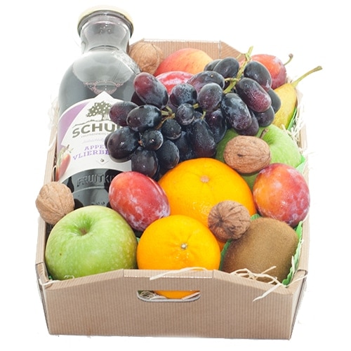 Fruit box with a large bottle of juice
