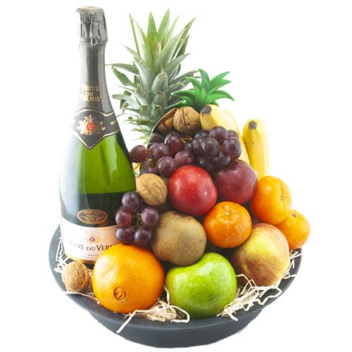 Fruit basket de luxe with bottle of Veuve du vernay