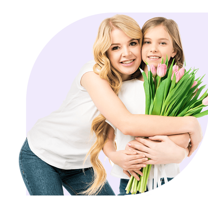 Mother's Day bouquet delivery, child giving flowers to mother
