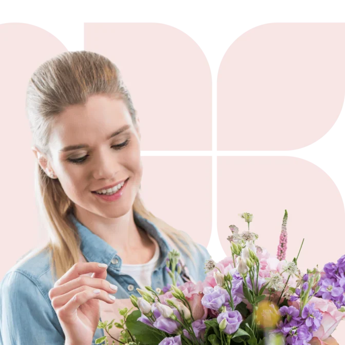 Flower delivery, lady with a large bouquet of tulips