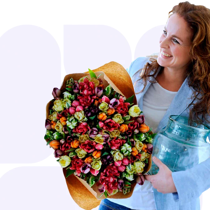 Flower delivery, lady with a large bouquet of tulips